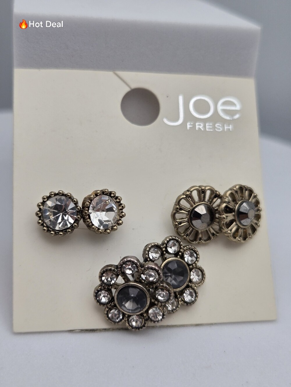 ✨2/$10✨ Joe Fresh Rhinestone Floral 3 Pair Stud Earrings Crystal Cluster Antique
